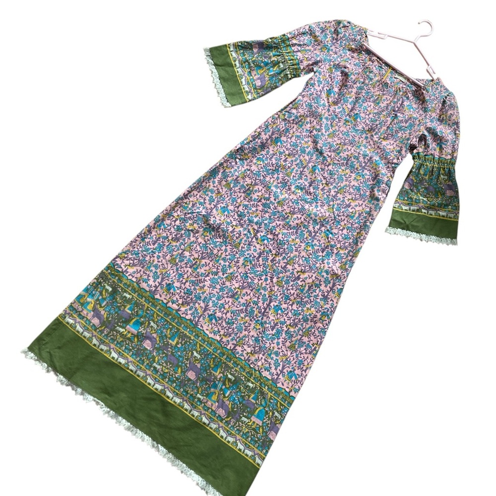 70s Floral Green empire Maxi Dress